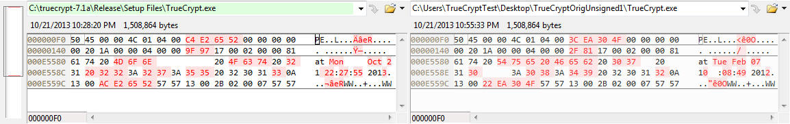 Differences between compiled TrueCrypt.exe and unsigned origial one