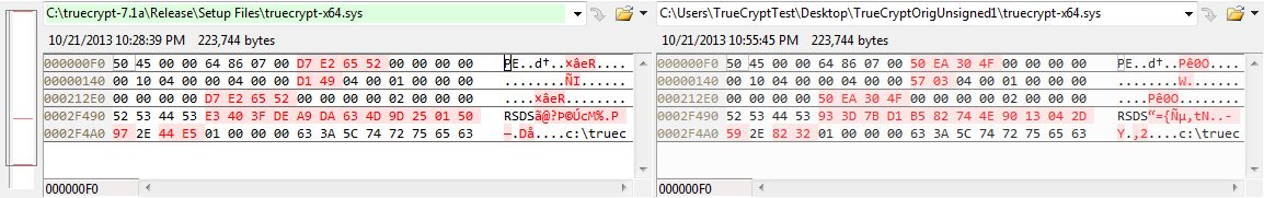 Differences between compiled truecrypt-x64.exe and unsigned origial one